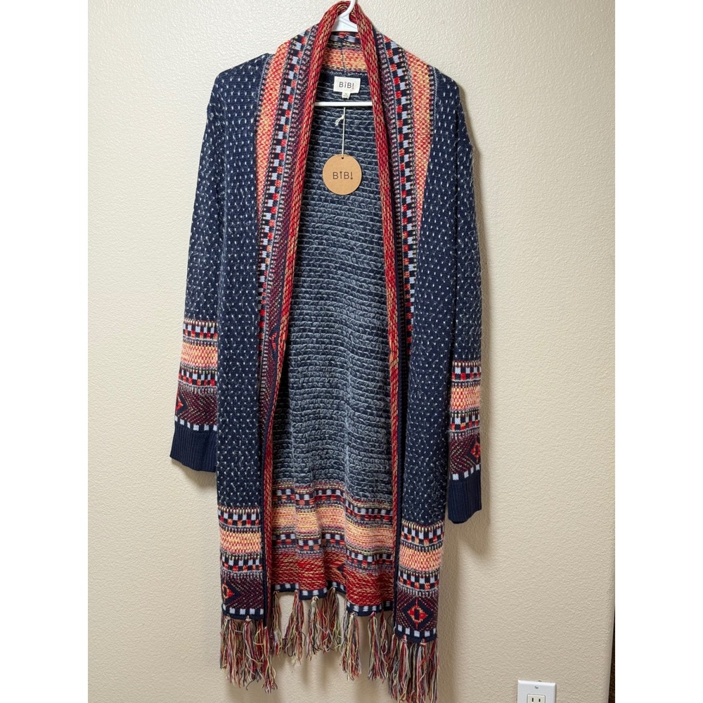 BIBI Women Navy Blue Red Orange Geometric Fringe Eyelash Knit Duster Cardigan M